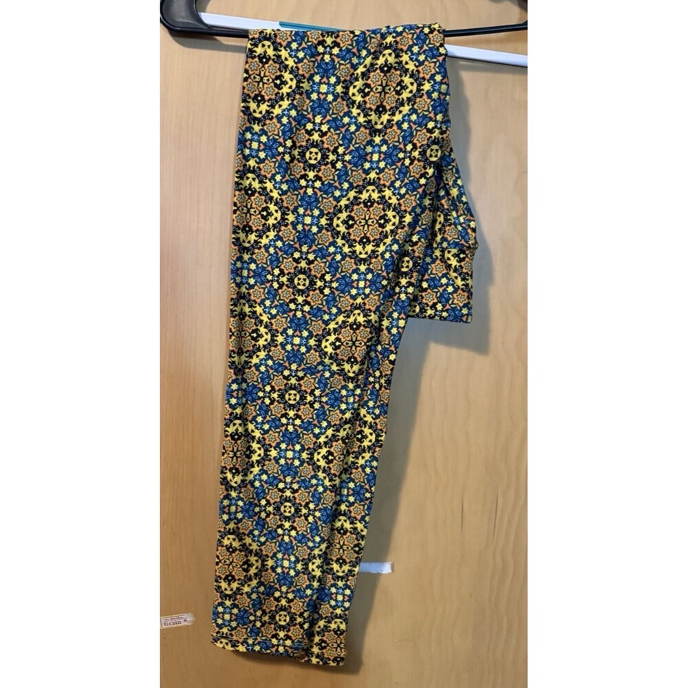 LuLaRoe TC Leggings Geometric Yellow Blue Orange Black Buttery Soft EUC